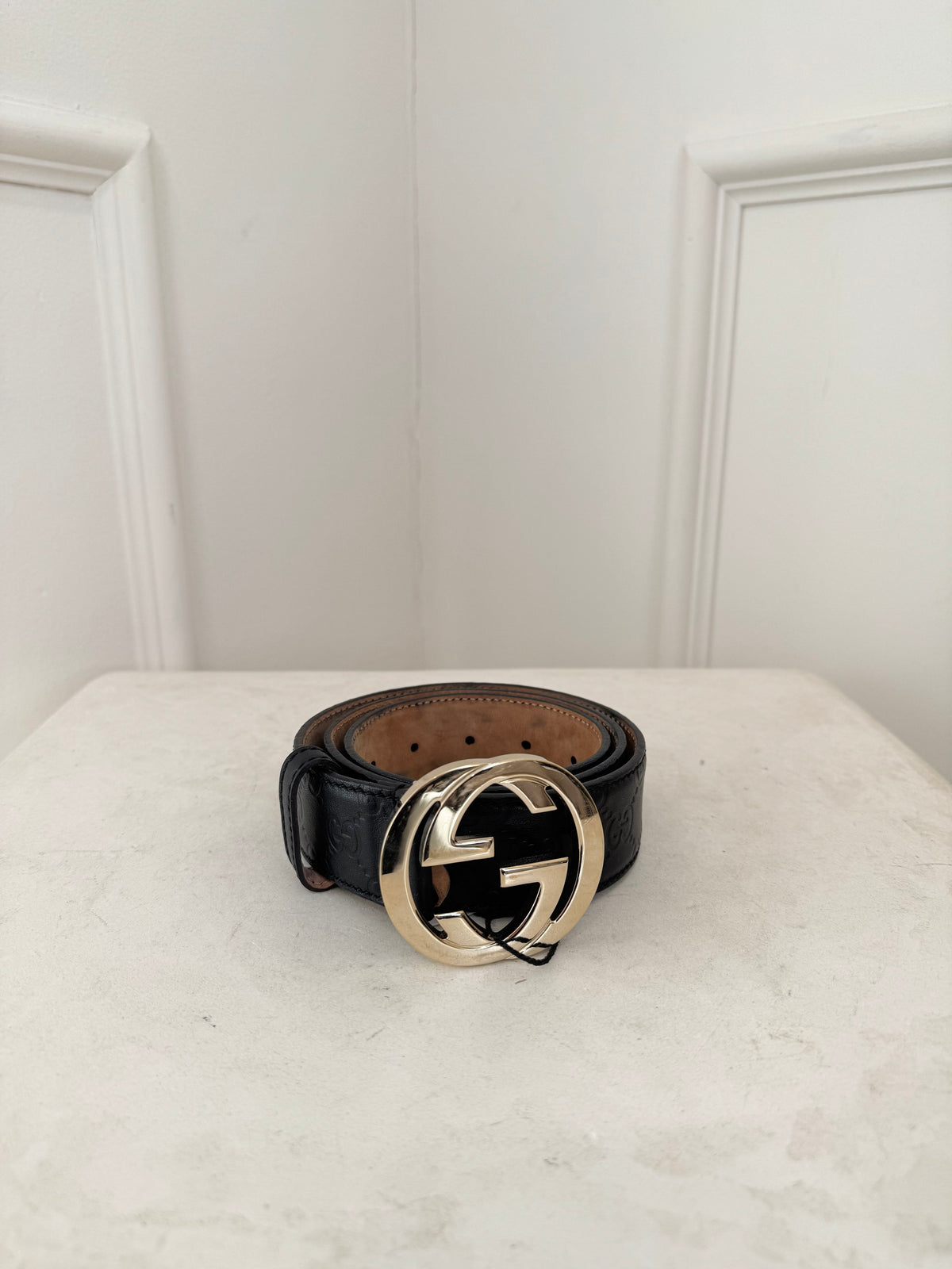 Gucci Black Monogram Gold Buckle Belt