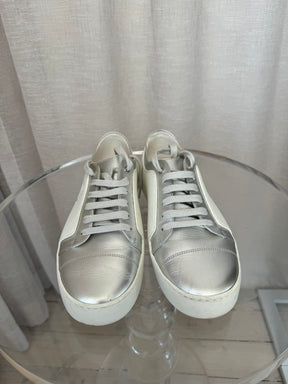 Chanel White Rubber and Silver Leather Sneakers, 40