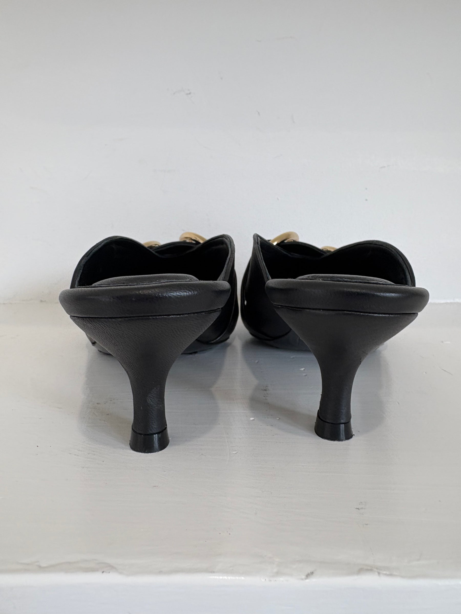 Anine Bing Black Leather Pointed Buckle Mules, 38