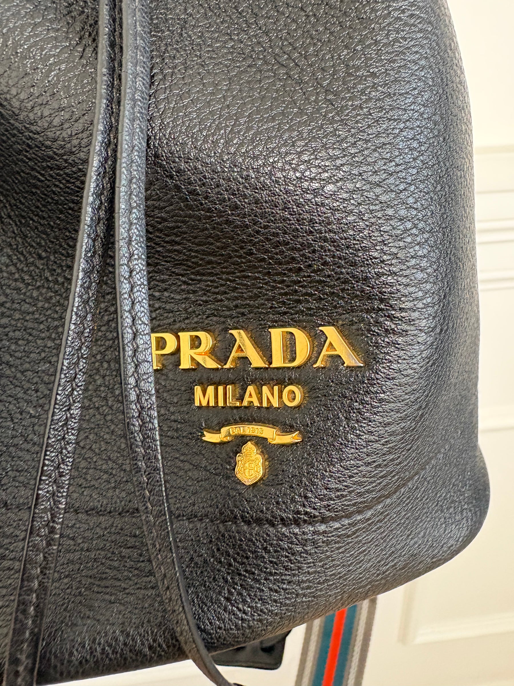 Prada Black Grained Leather Logo Bucket Bag