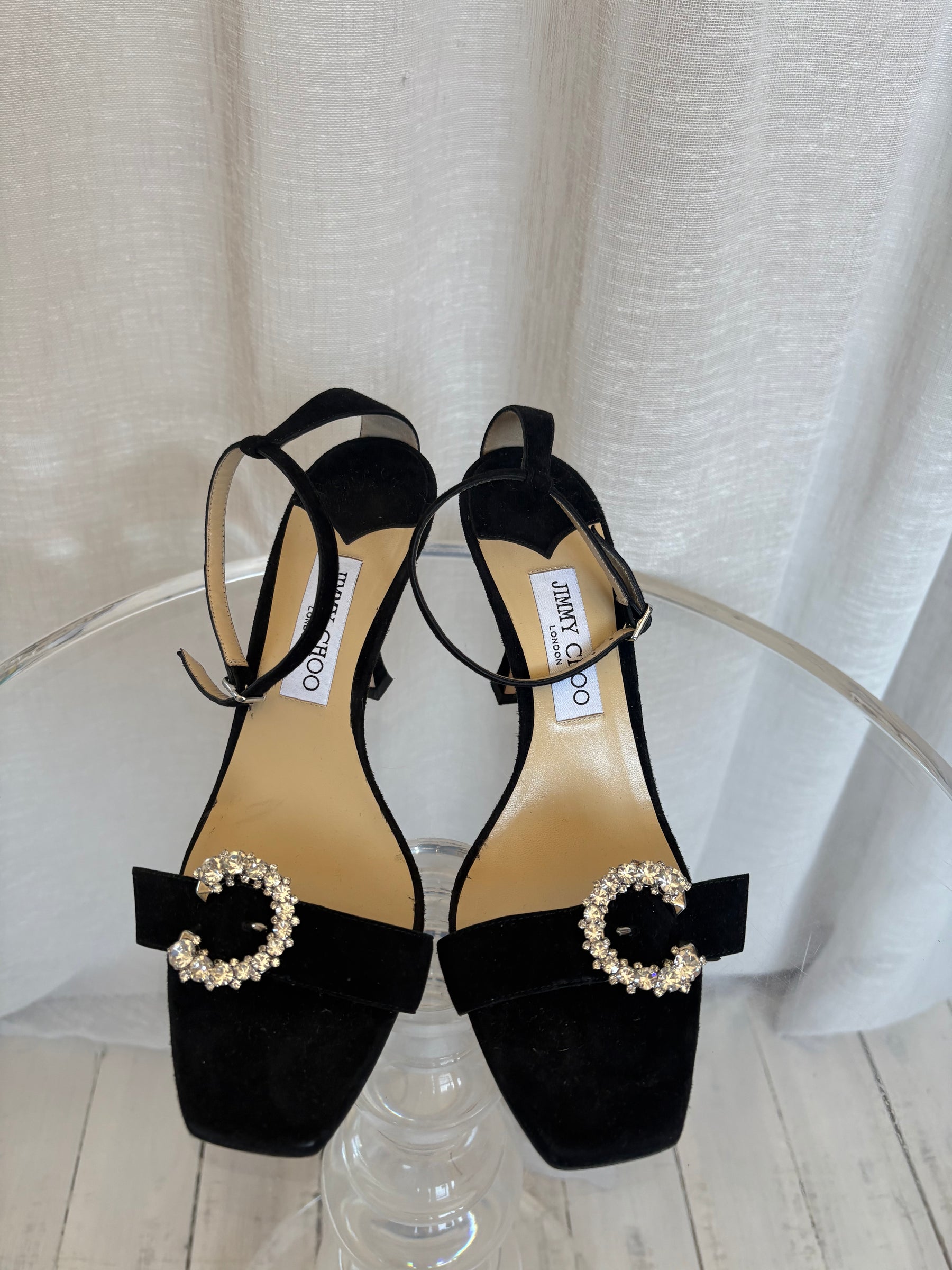 Jimmy Choo Black Suede Crystal Buckle Strappy Heel, 40