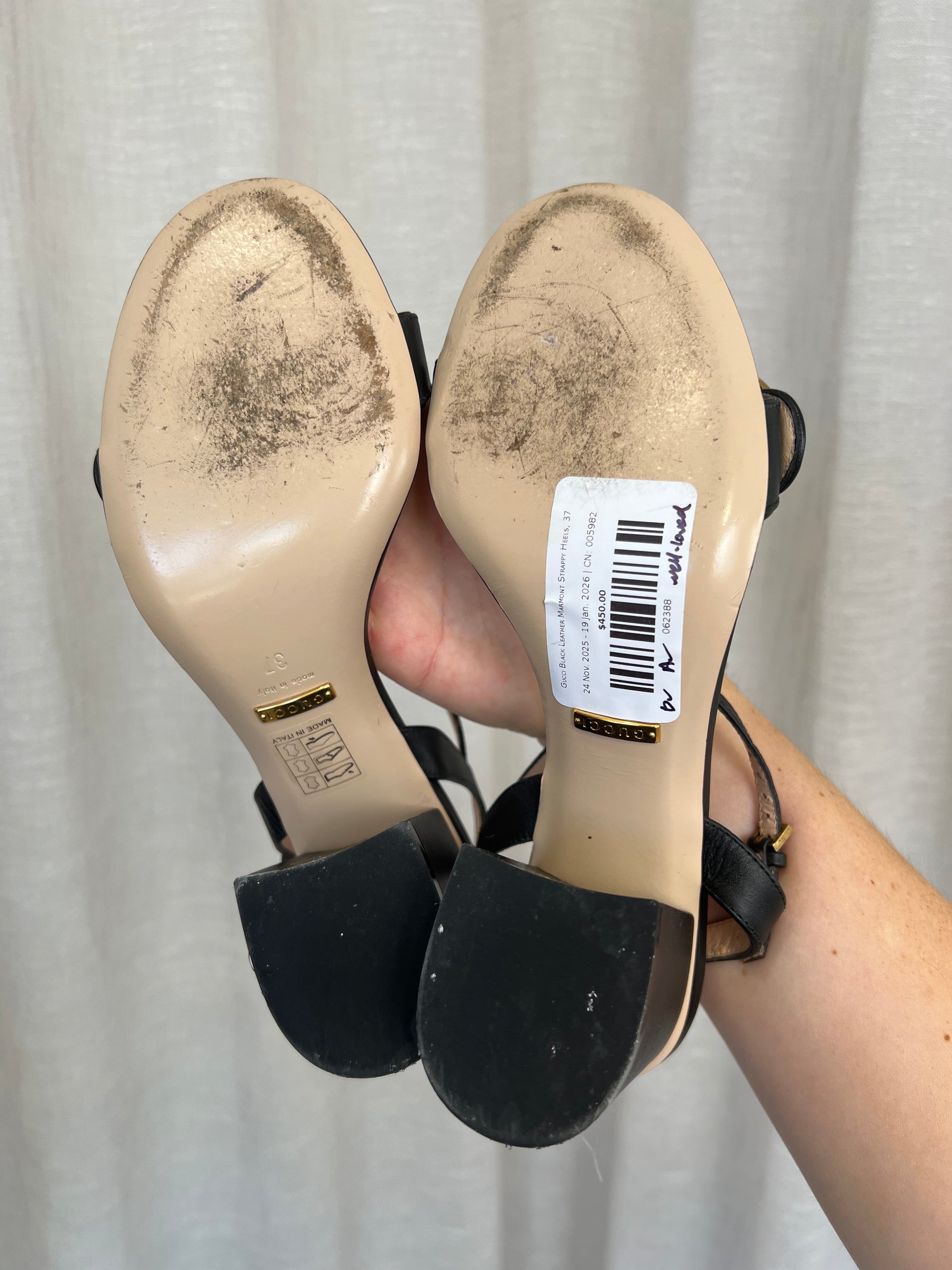Gucci Black Leather Marmont Strappy Heels, 37