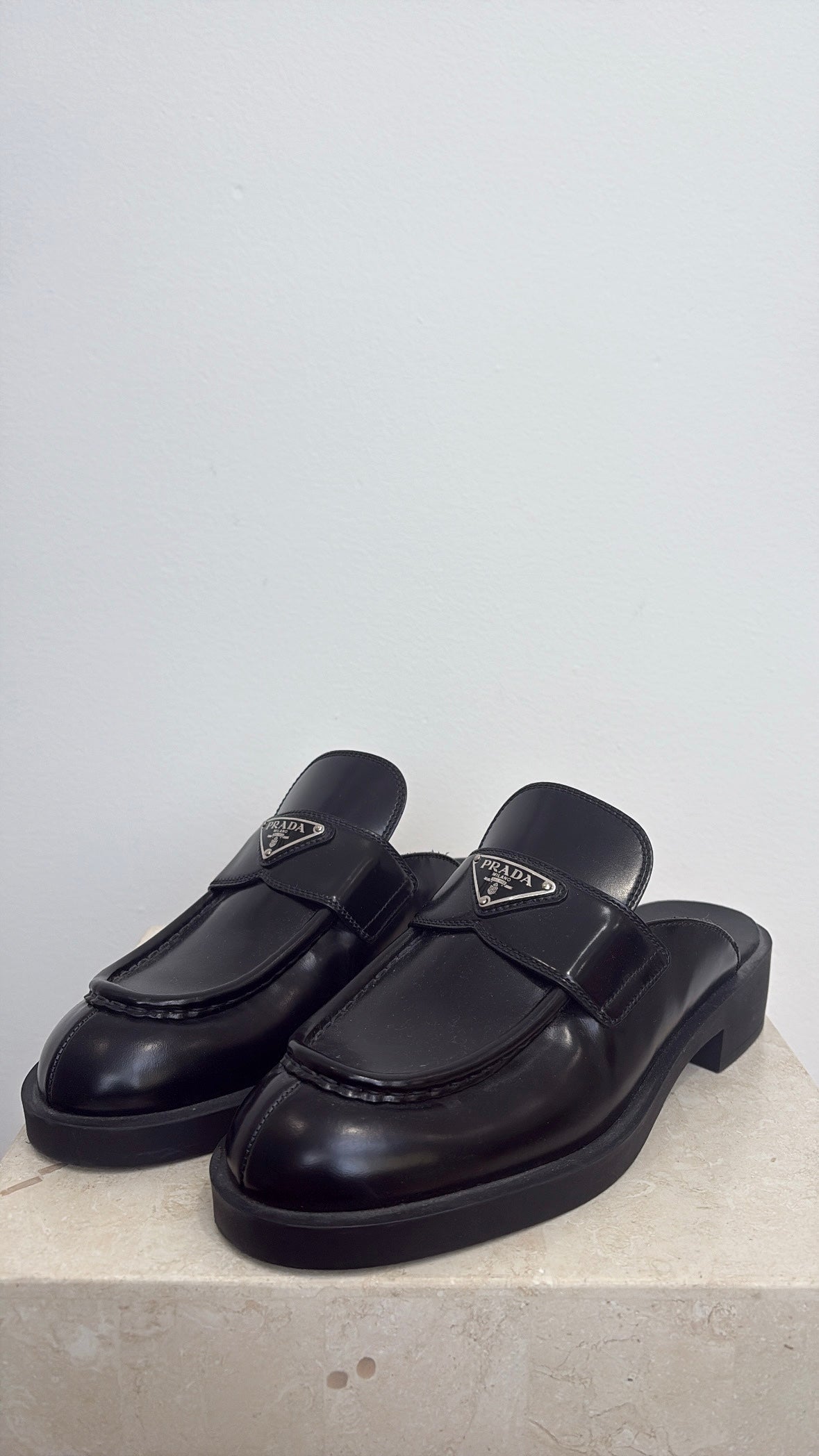 Prada Black Leather Backless Loafer, 41