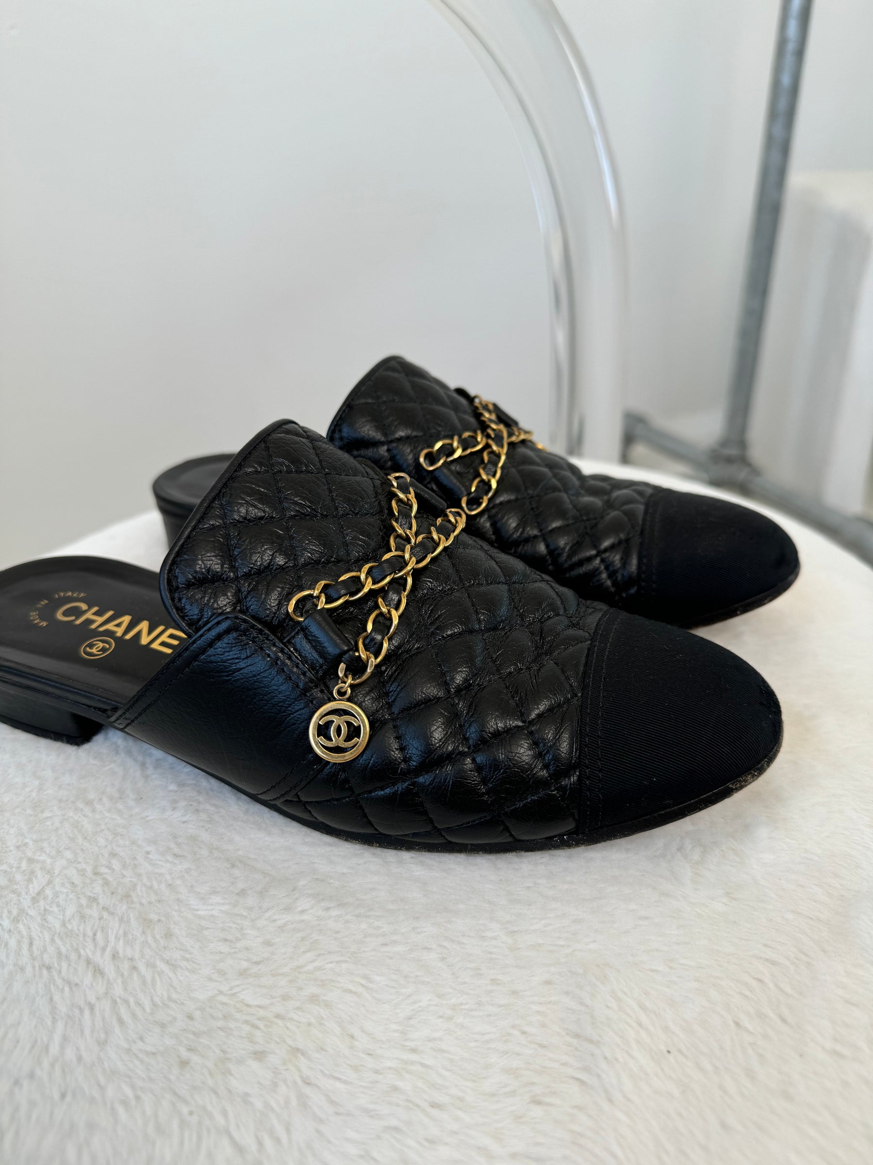 Chanel Black Quilted Leather Chain Details Backless Loafer, 39C