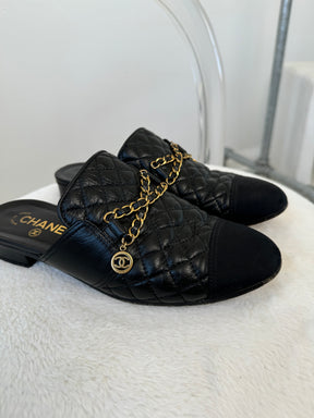 Chanel Black Quilted Leather Chain Details Backless Loafer, 39C
