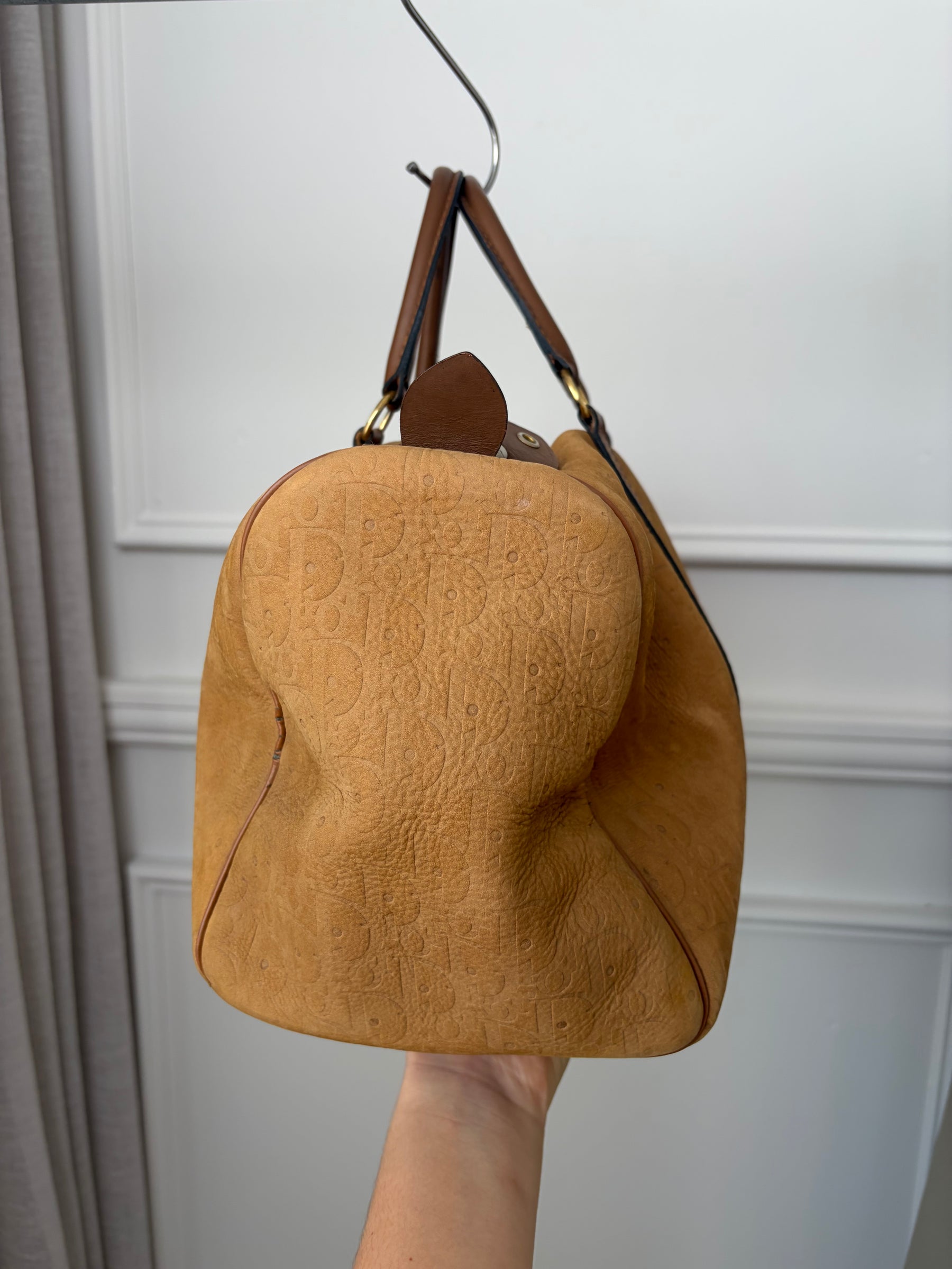 Dior Tan Nubuck Oblique Monogram Embossed Boston Bag