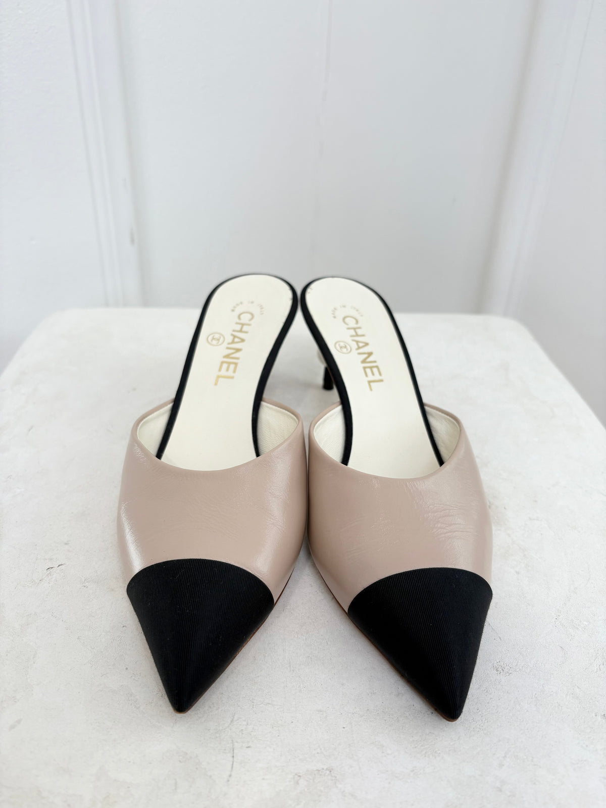 Chanel Beige and Black Pointed Pearl Detail Heel, 37.5