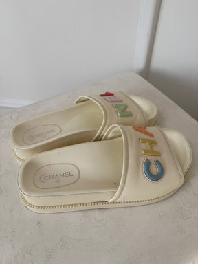 Chanel Cream Leather Slides With Pastel Logo, 38 C