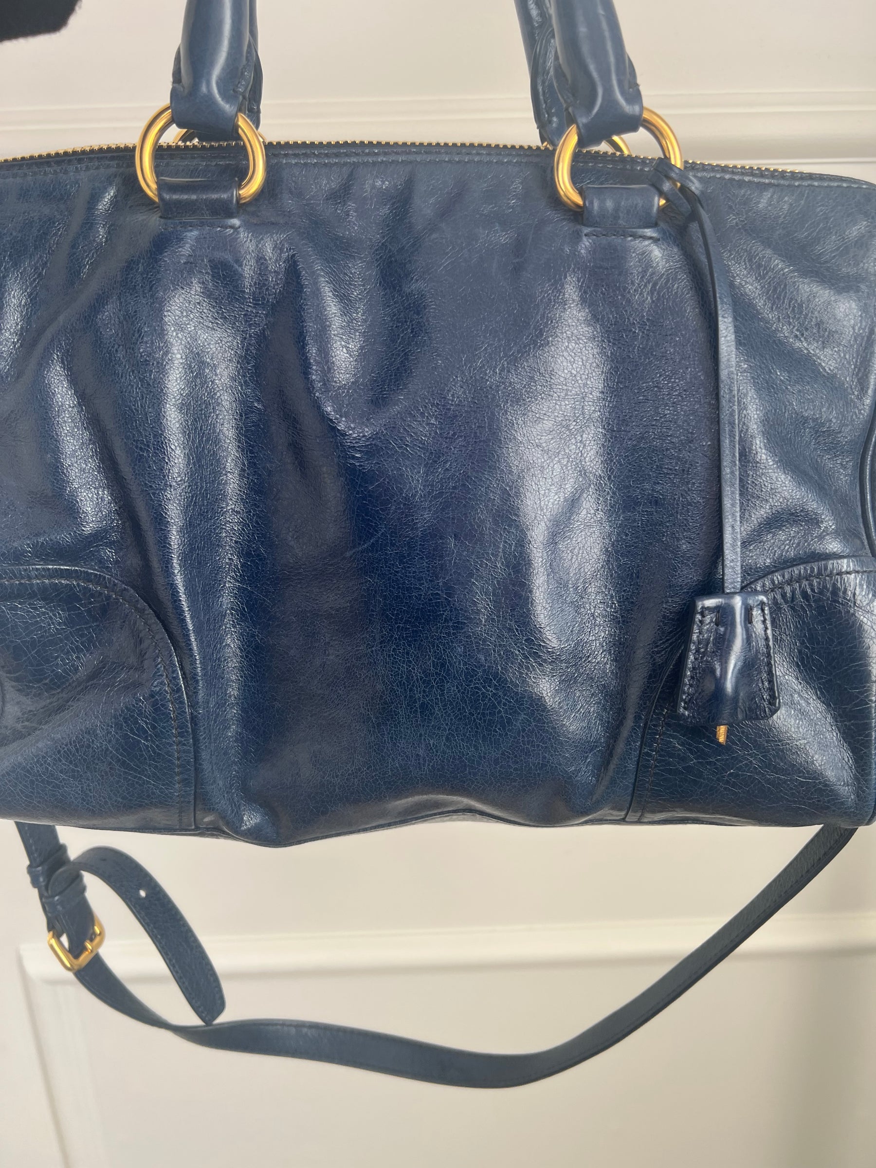 Prada Blue Crinkled Leather Zipped Tote Bag
