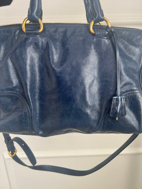 Prada Blue Crinkled Leather Zipped Tote Bag