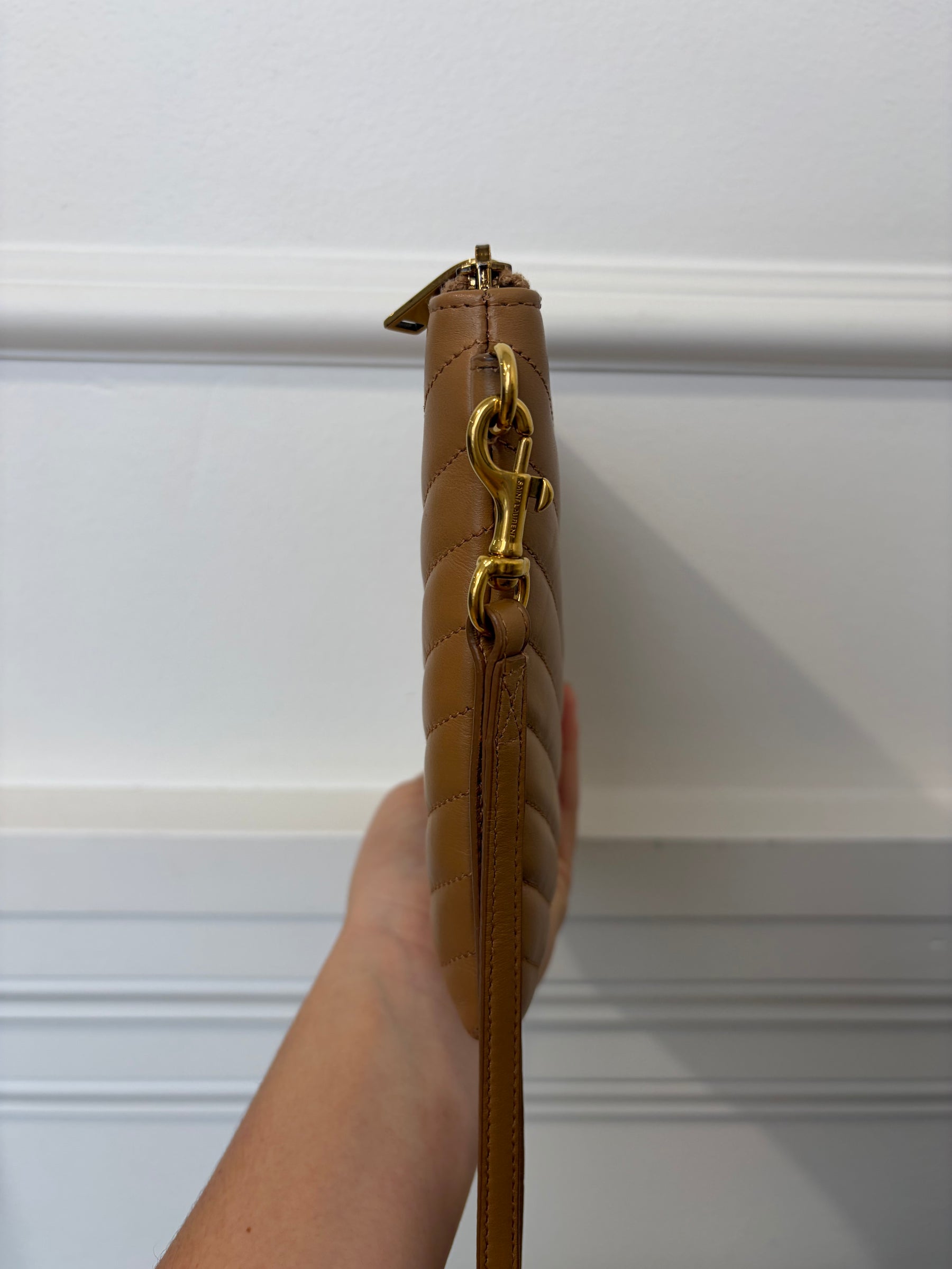 Saint Laurent Tan Chevron Leather Wristlet