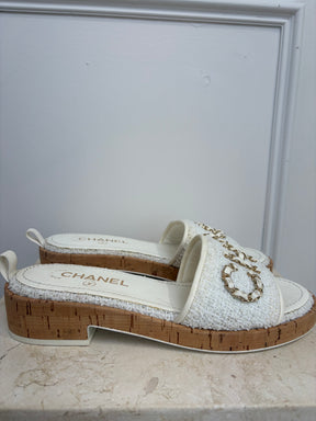 Chanel Tweed Logo Mules White, 38.5