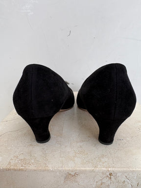 Chloe Black Suede Point Pumps Crystal Embellished Bow, 38.5