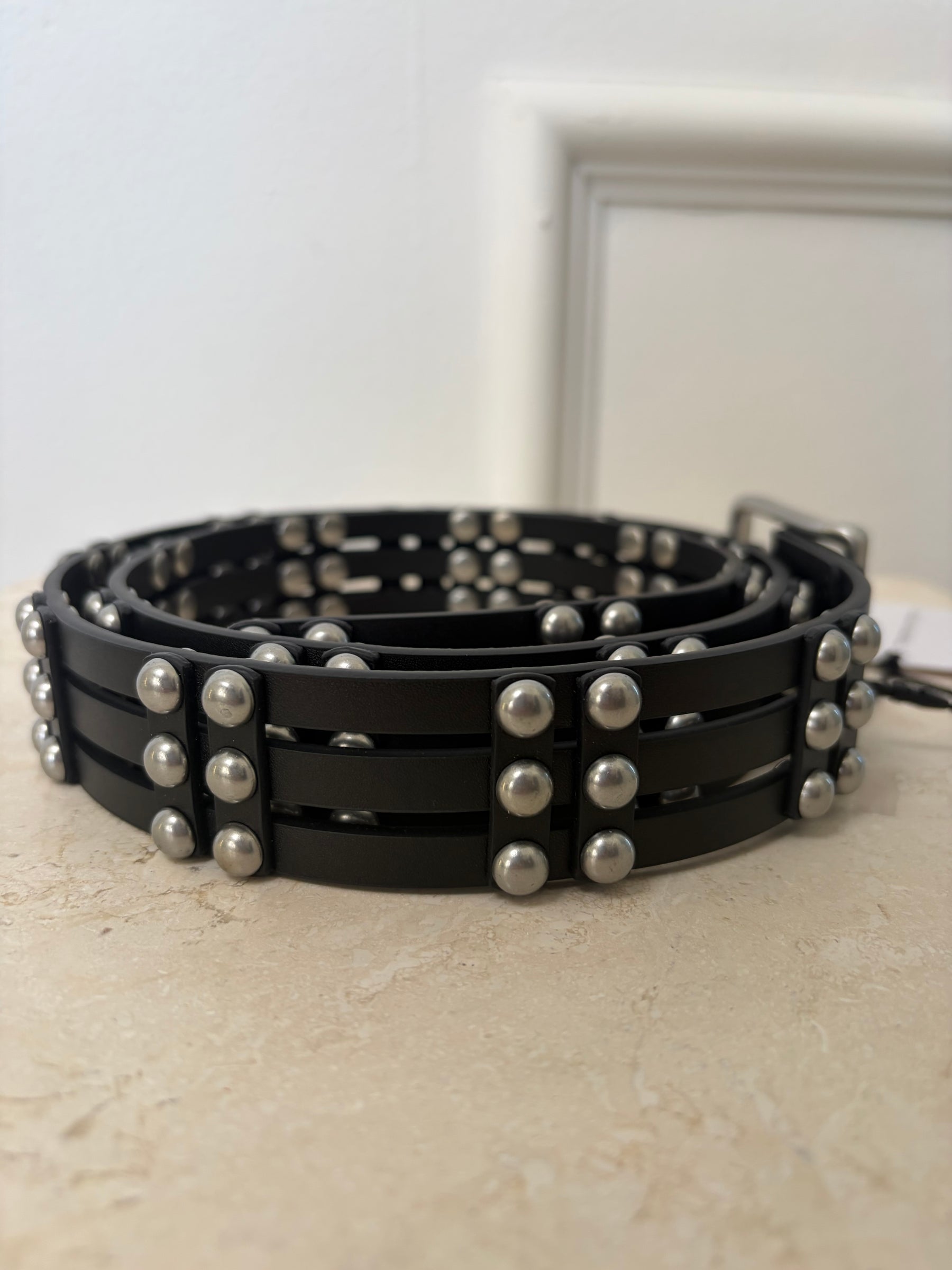 Camilla and Marc Black Leather Stud Perno Belt, xs/s