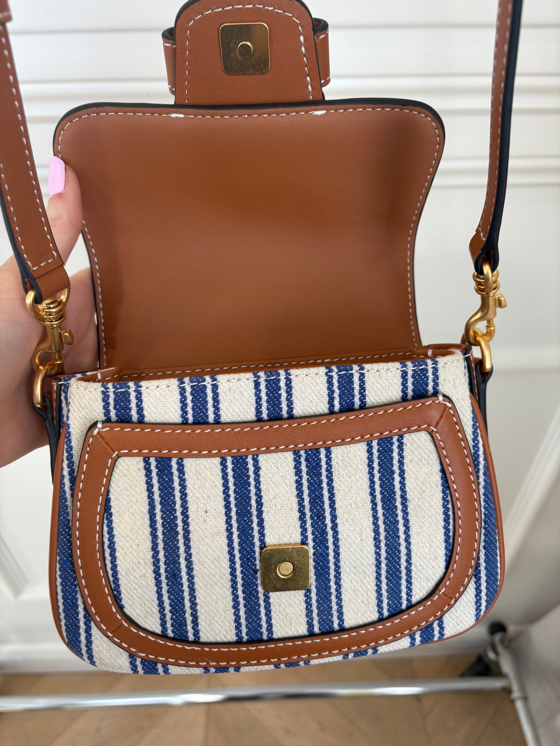 Oroton Blue and White Canvas with Tan leather Top Handle Bag