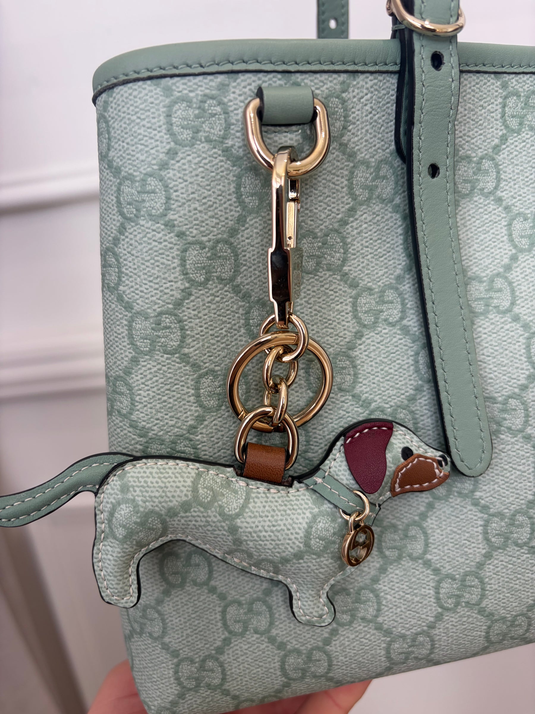 Gucci Sage Green GG Monogram Emblem Small Tote with Dog Charm