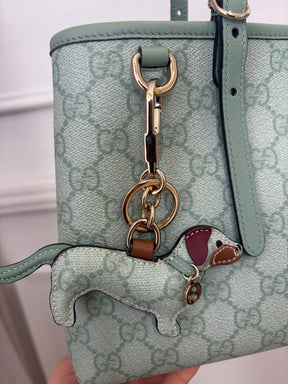 Gucci Sage Green GG Monogram Emblem Small Tote with Dog Charm