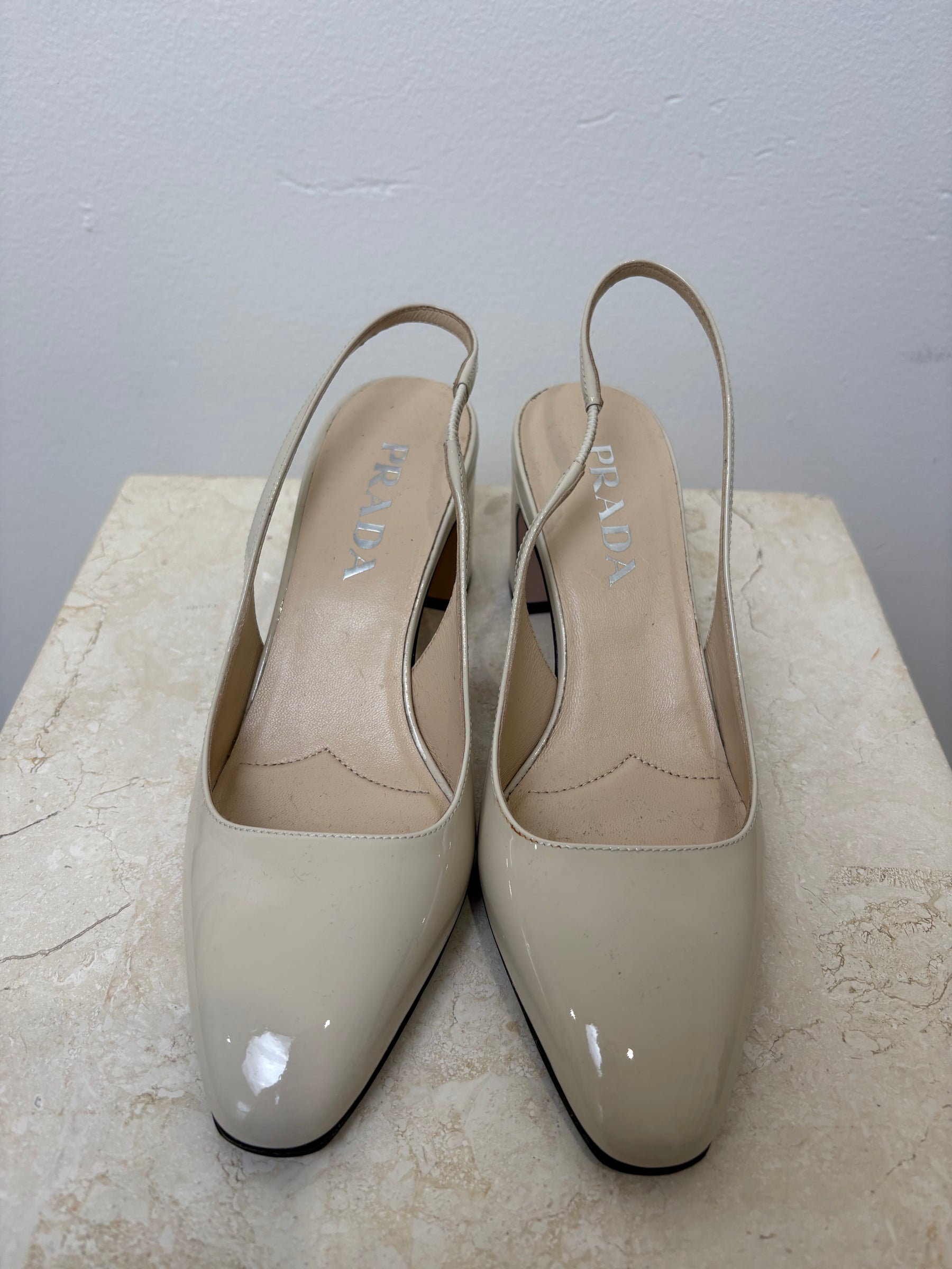 Prada Cream Patent Leather Logo Back Slingback, 36
