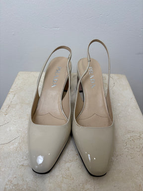 Prada Cream Patent Leather Logo Back Slingback, 36