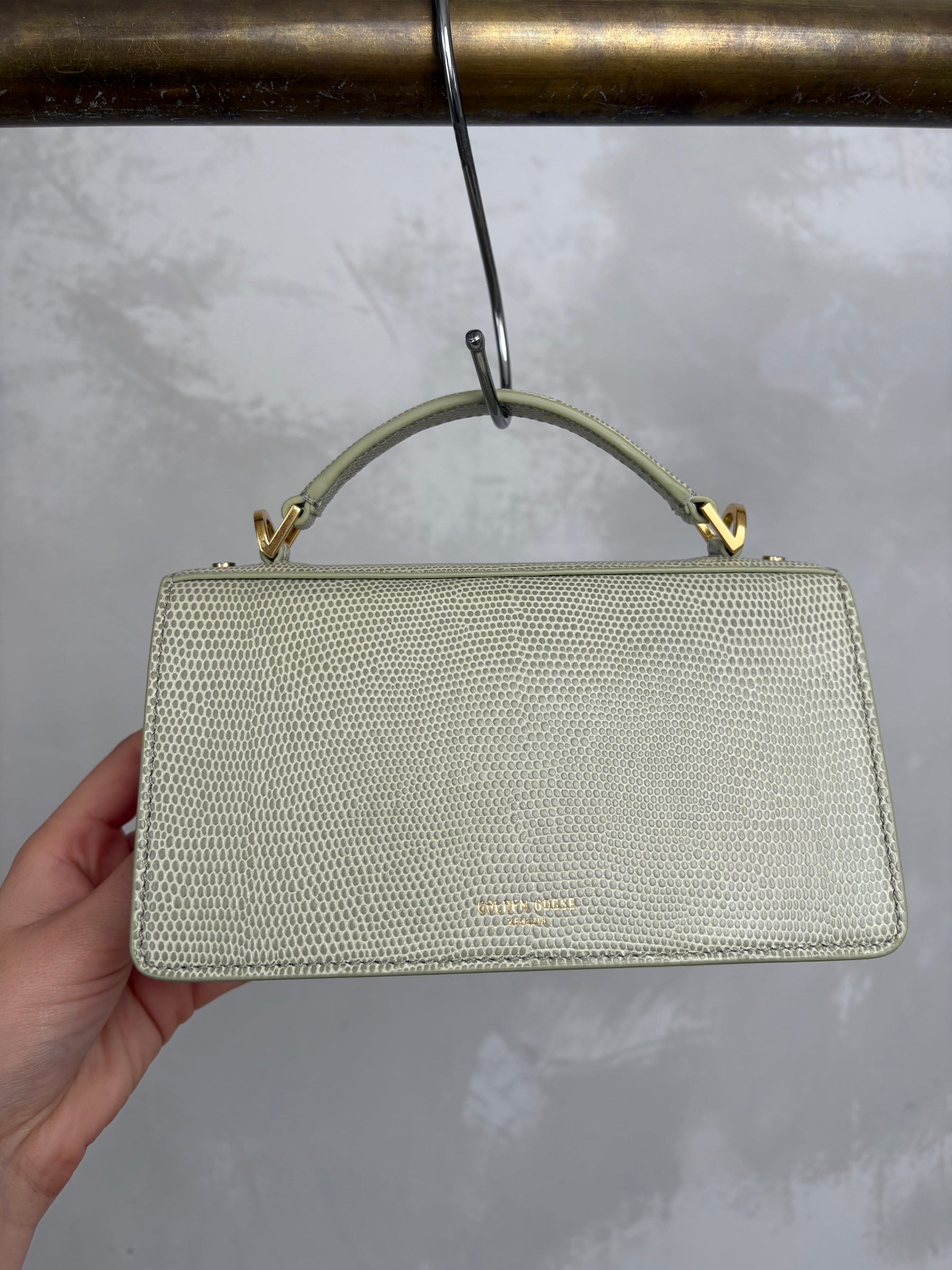 Golden Goose Sage Lizard Embossed Mini Top Handle Crossbody Bag