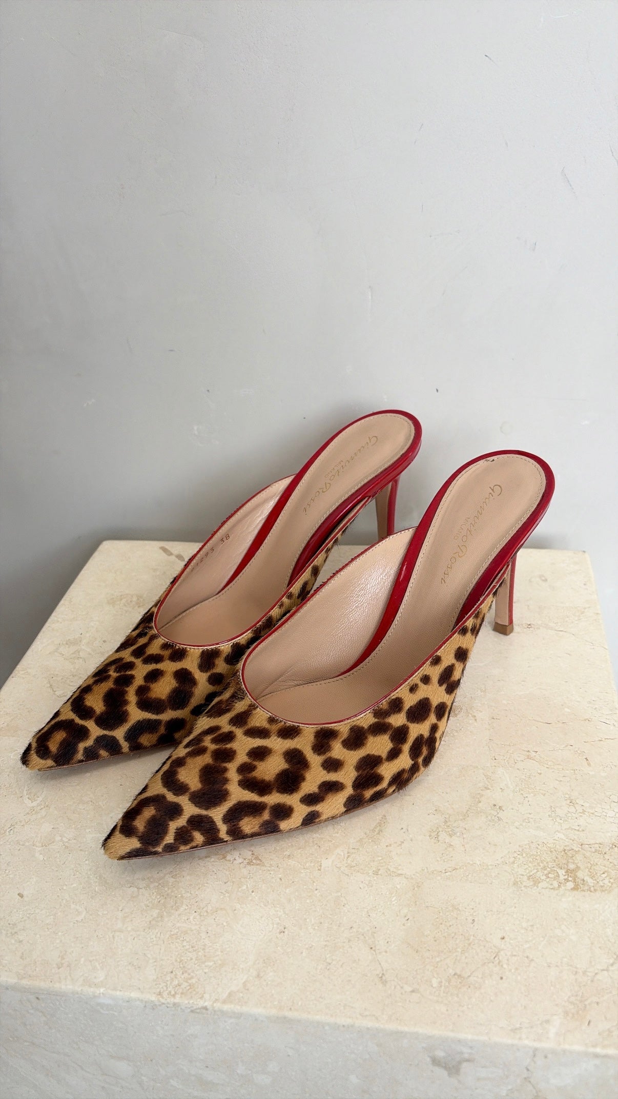 Gianvito Rossi Leopard Pony Hair and Red Patent Leather Pointed Mule, 38