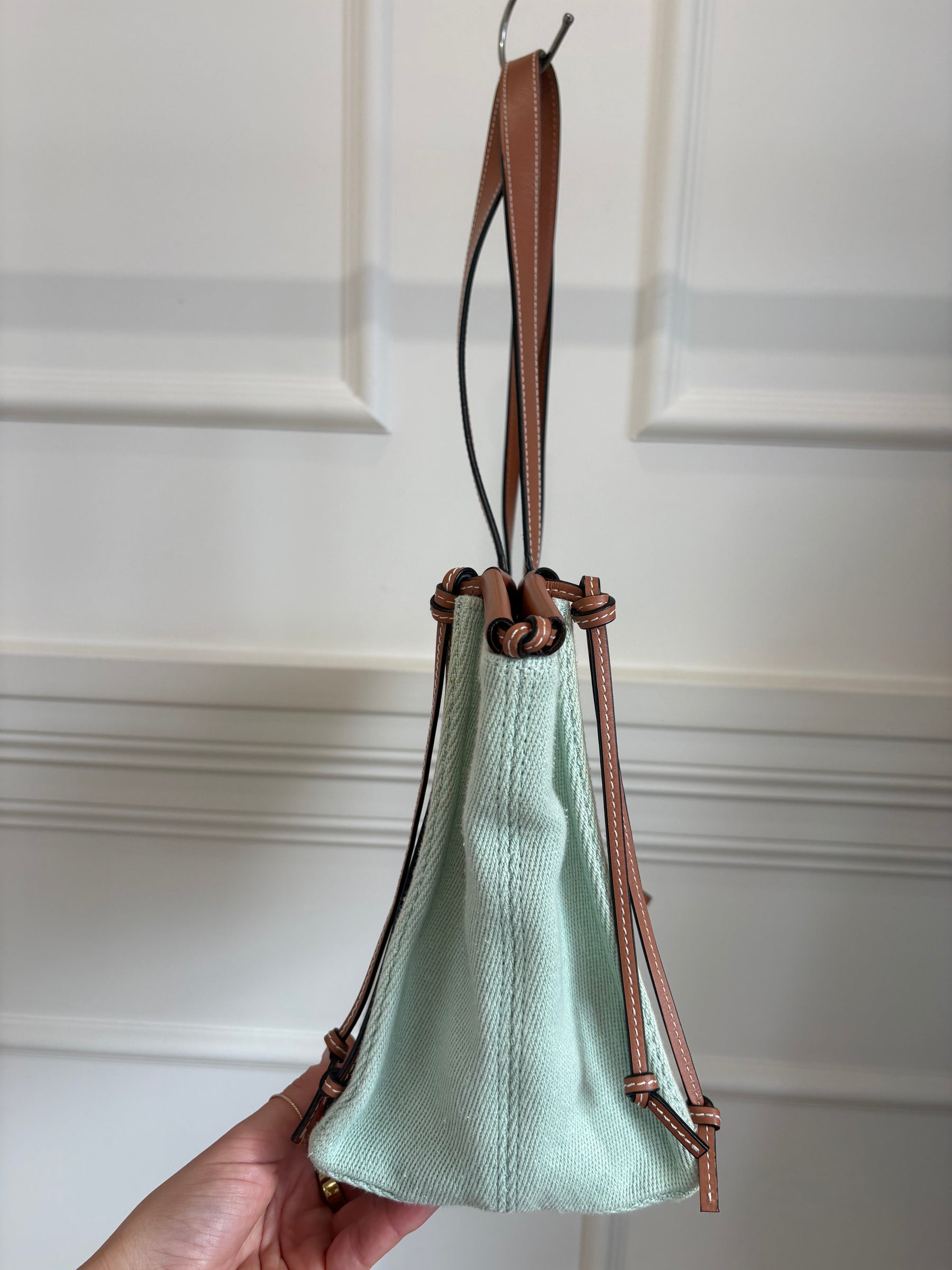 Loewe Mint Canvas and Tan Leather Cushion Tote