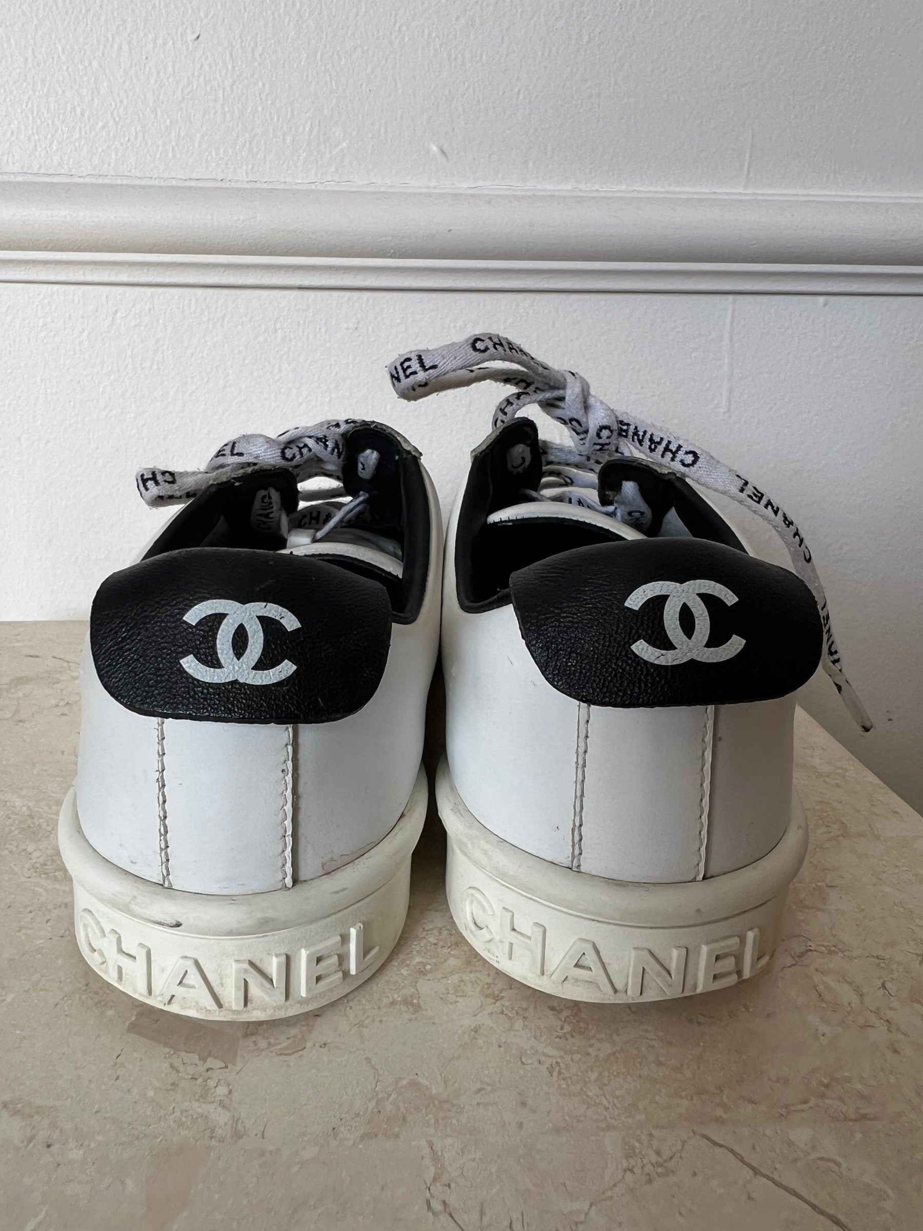 Chanel White and Black Leather Sneakers, 36