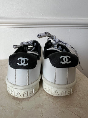 Chanel White and Black Leather Sneakers, 36