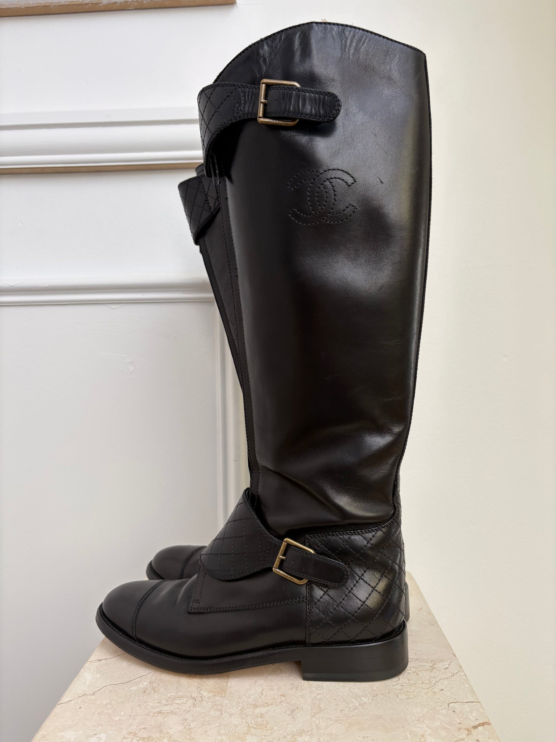 Chanel Black Leather Logo Zipped Front Riding Boots, 39
