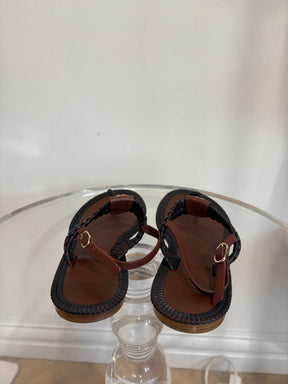 Chanel Burgundy and Navy Braided Leather T Bar Ankle Sandals, 38