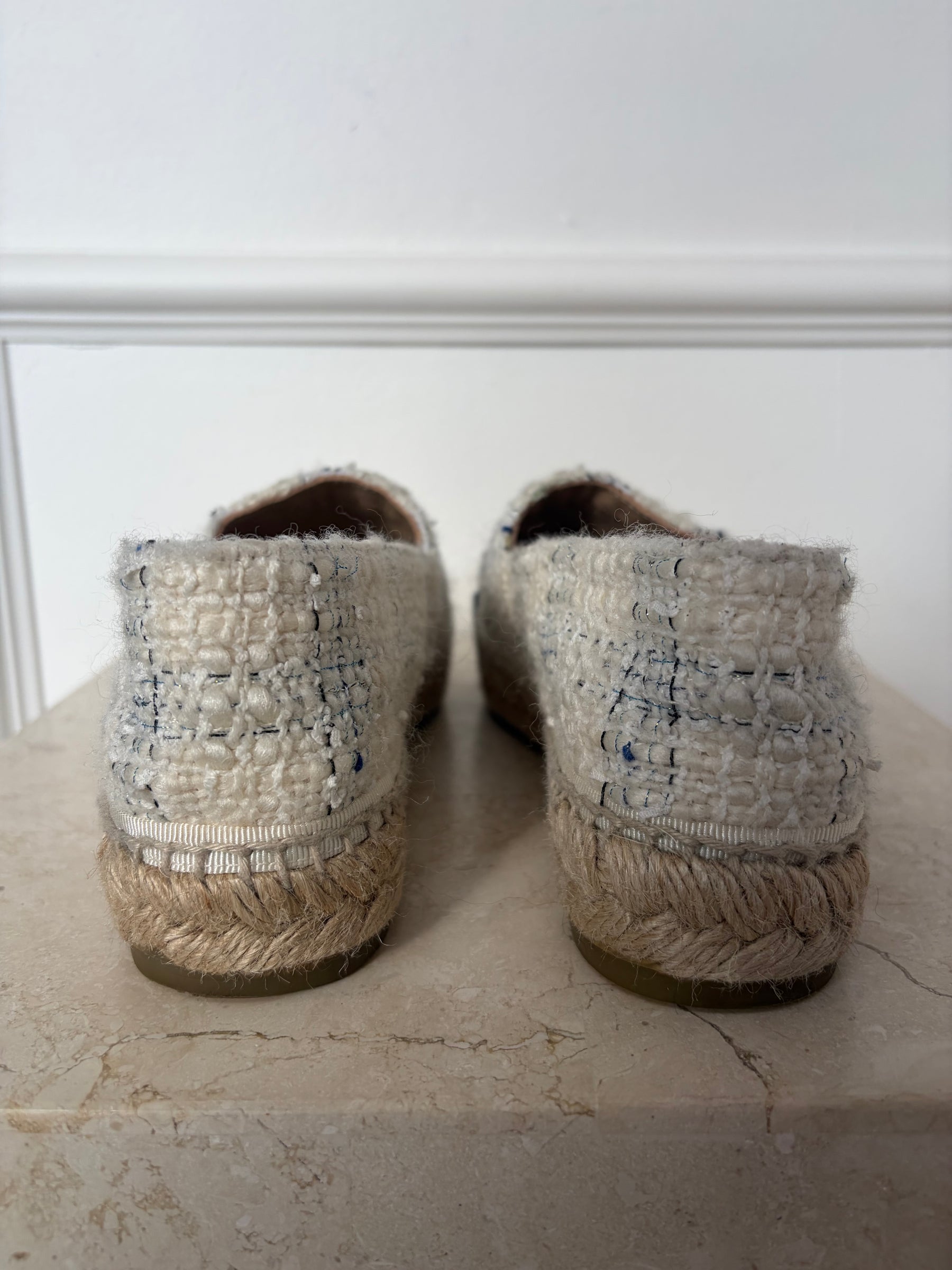 Chanel Cream and Black Tweed Logo Espadrilles, 36