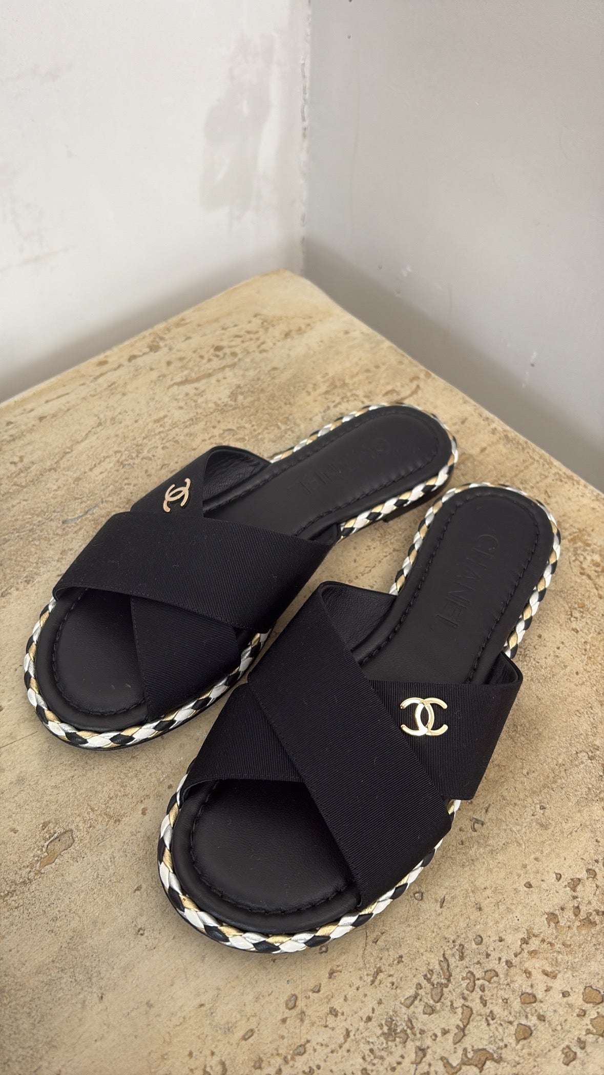 Chanel Black Grosgrain Cross Over Logo Slides, 36 C