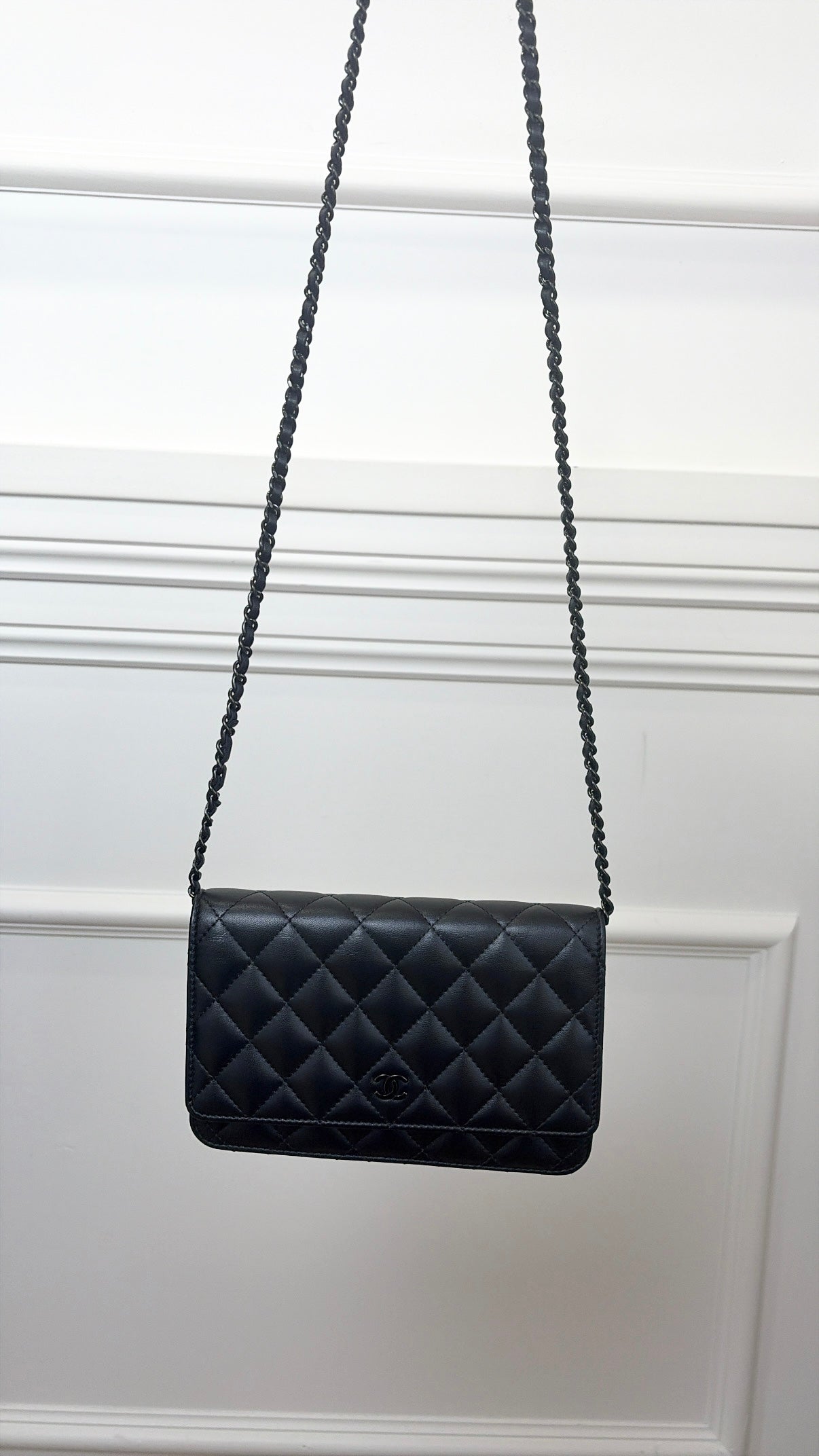 Chanel Black Lambskin Leather Wallet on Chain with Black Hardware