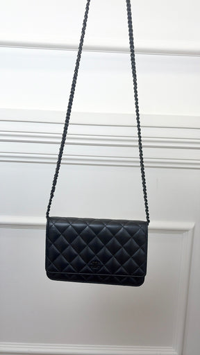 Chanel Black Lambskin Leather Wallet on Chain with Black Hardware