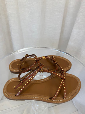 Celine Triomphe Tan Vegan Leather Sandals With Gold Studs, 39