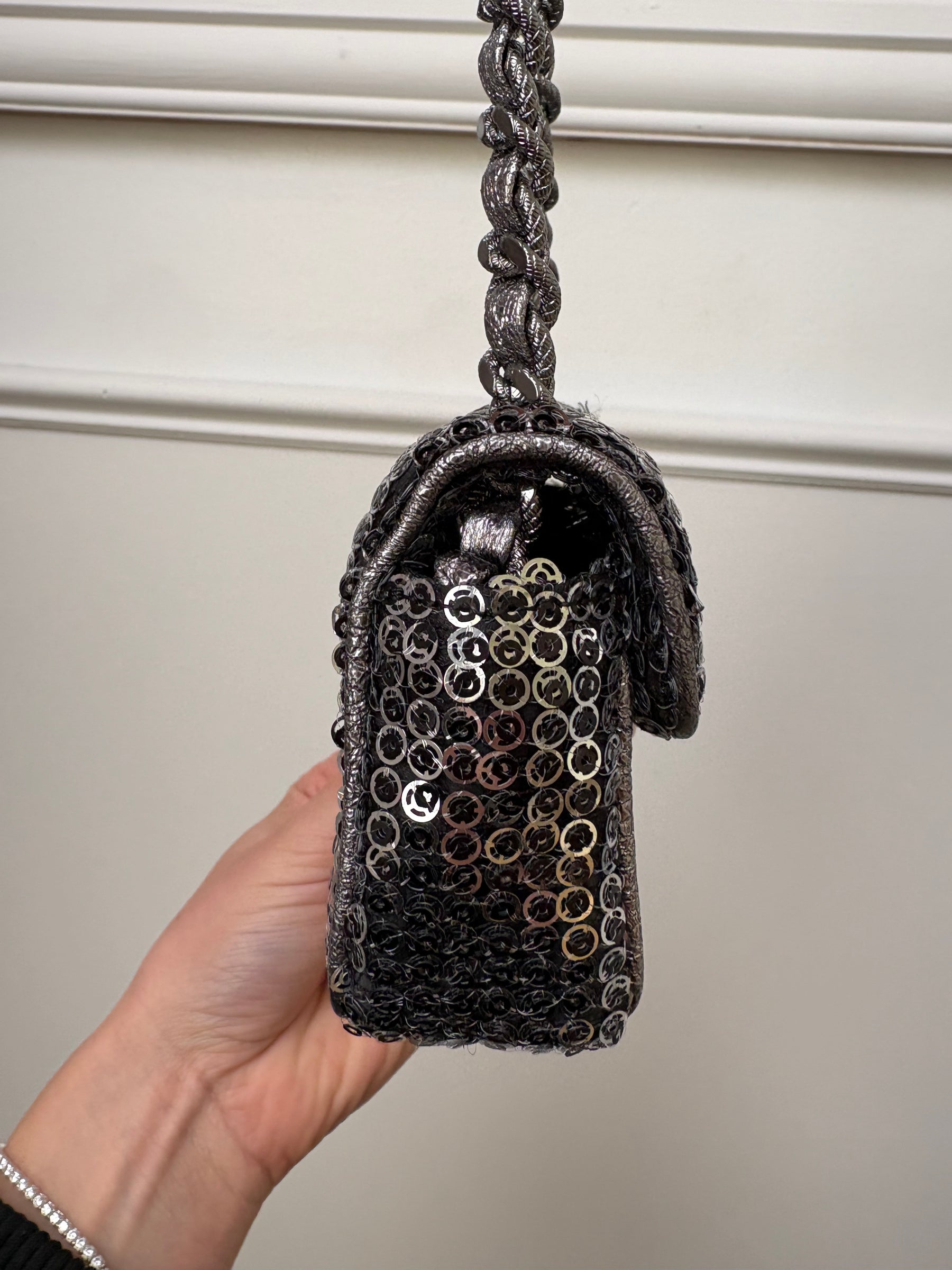 Chanel Pewter and Silver Hidden Sequin Micro Flap bag
