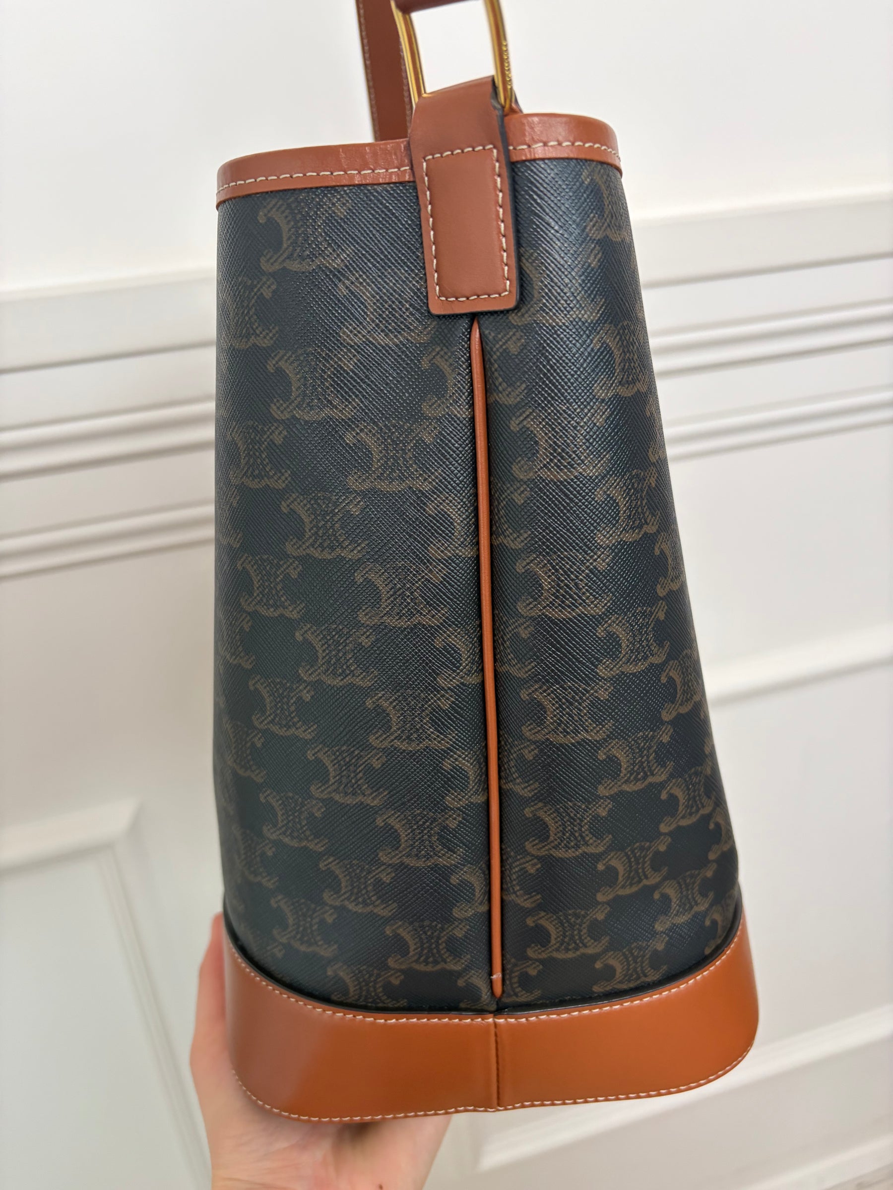 Celine Medium Bucket Bag in Triomphe Canvas and Tan Calfskin