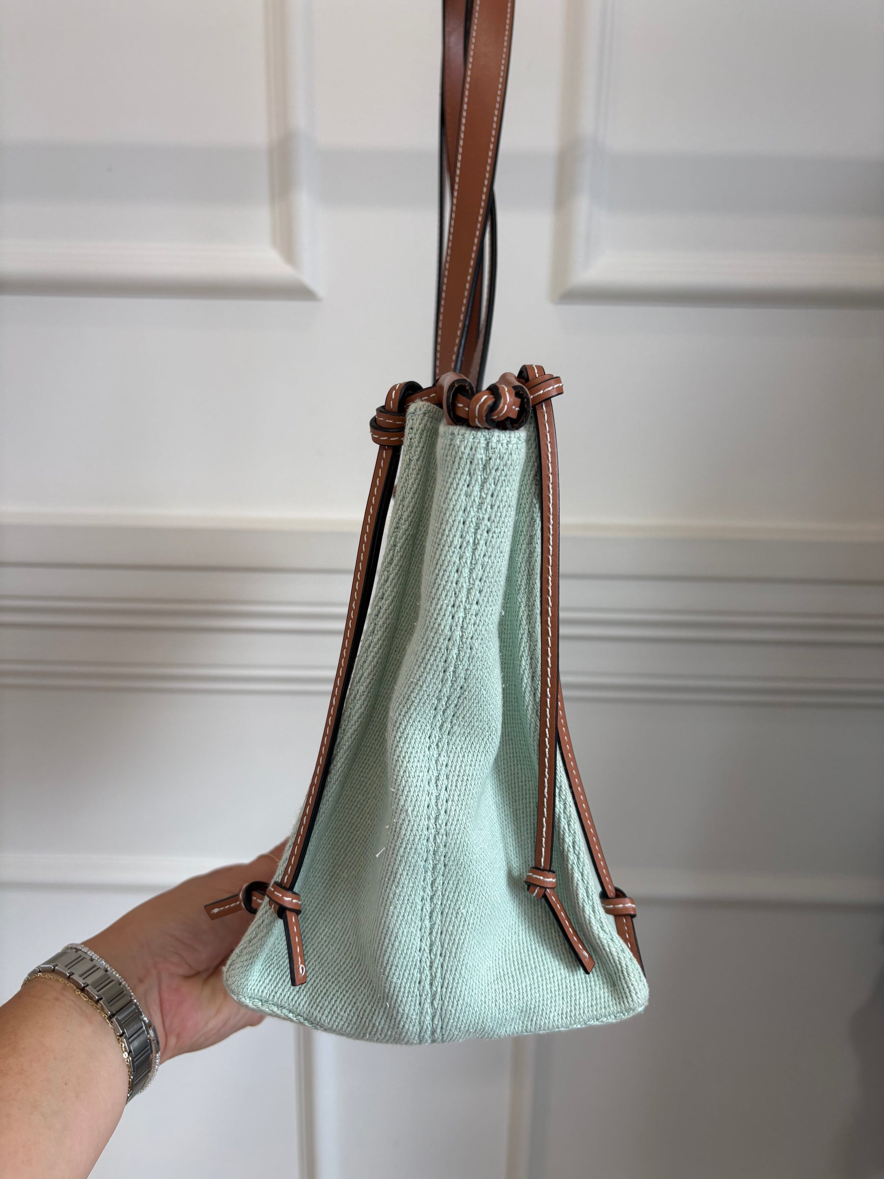 Loewe Mint Canvas and Tan Leather Cushion Tote