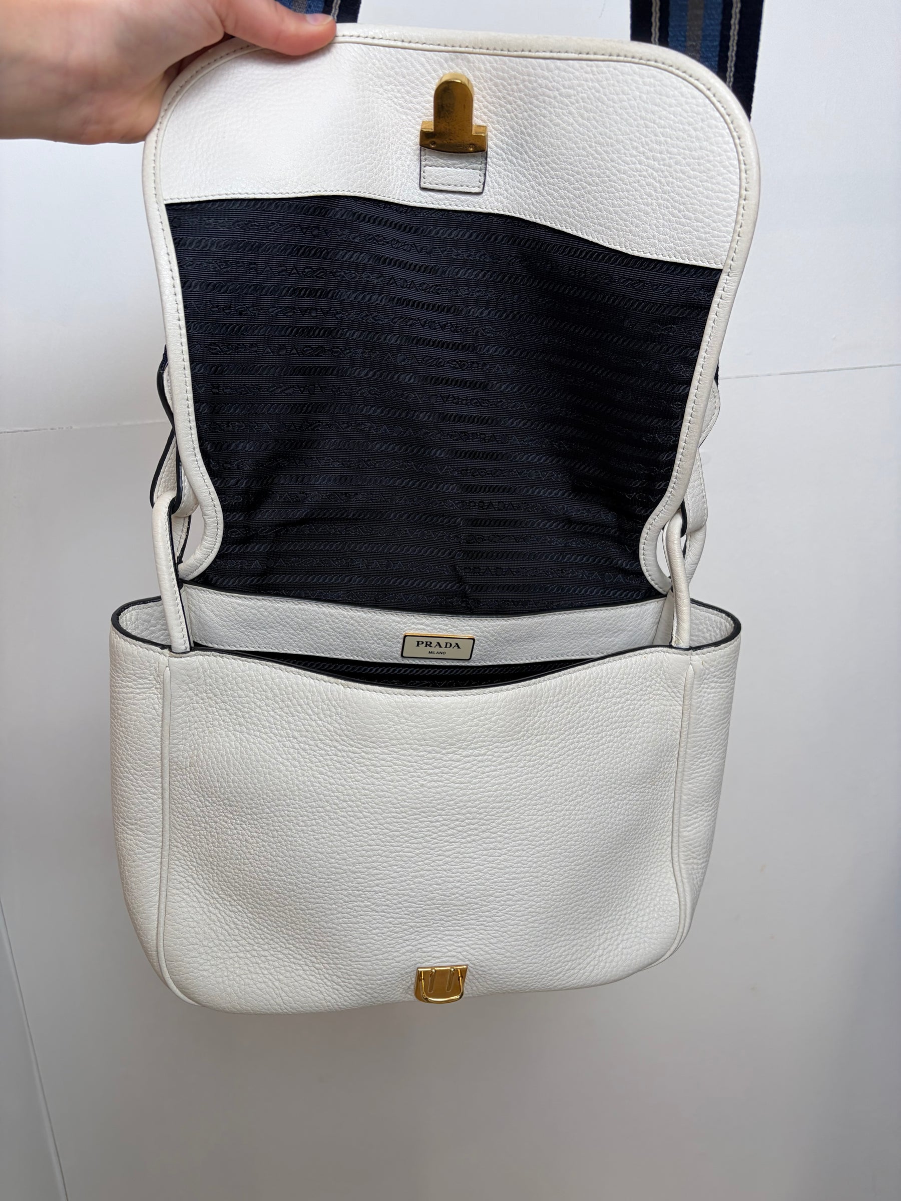 Prada White Grained Leather Crossbody bag with Blue Web Shoulder Strap