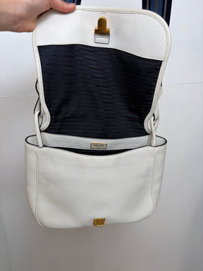 Prada White Grained Leather Crossbody bag with Blue Web Shoulder Strap