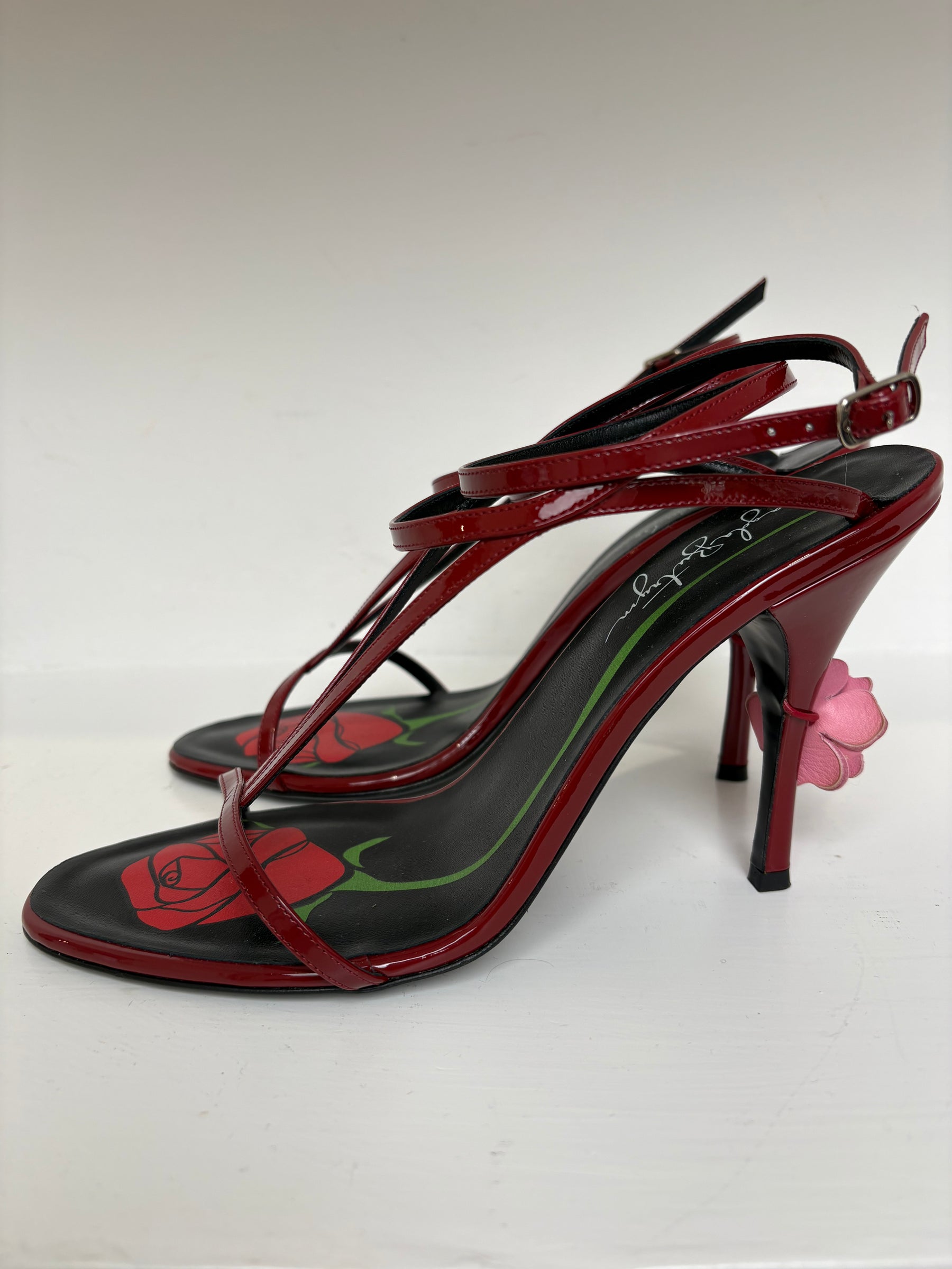 Magda Butrym Burgundy Leather Strappy Heeled Sandal with Pink Floral Applique, 41