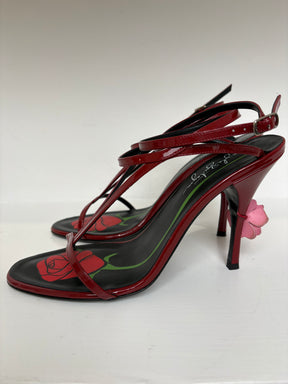 Magda Butrym Burgundy Leather Strappy Heeled Sandal with Pink Floral Applique, 41