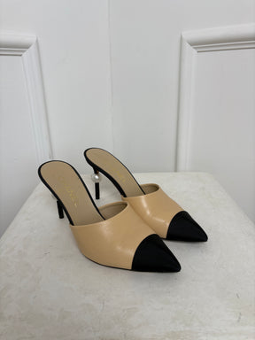Chanel Beige Leather and Black Grosgrain Pointed Pearl Heel Mule, 37C