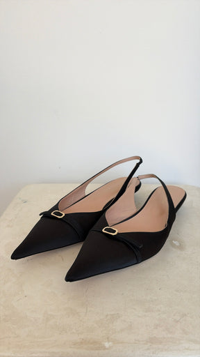 Scanlan Theodore Black Satin Kitten Heel Slingbacks, 40