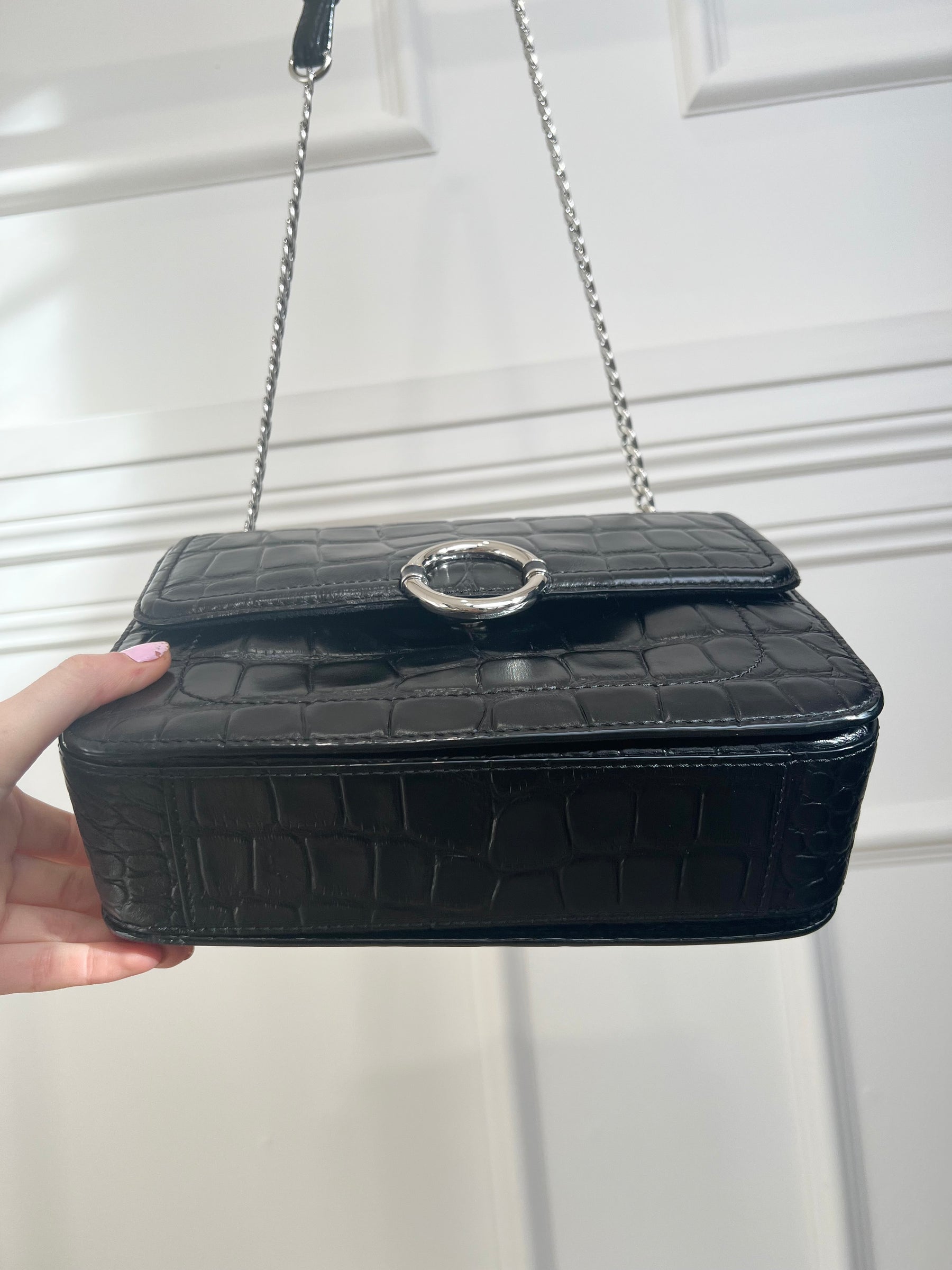 Oroton Ashby Croc Effect Shoulder Bag Tone Silver Hardware