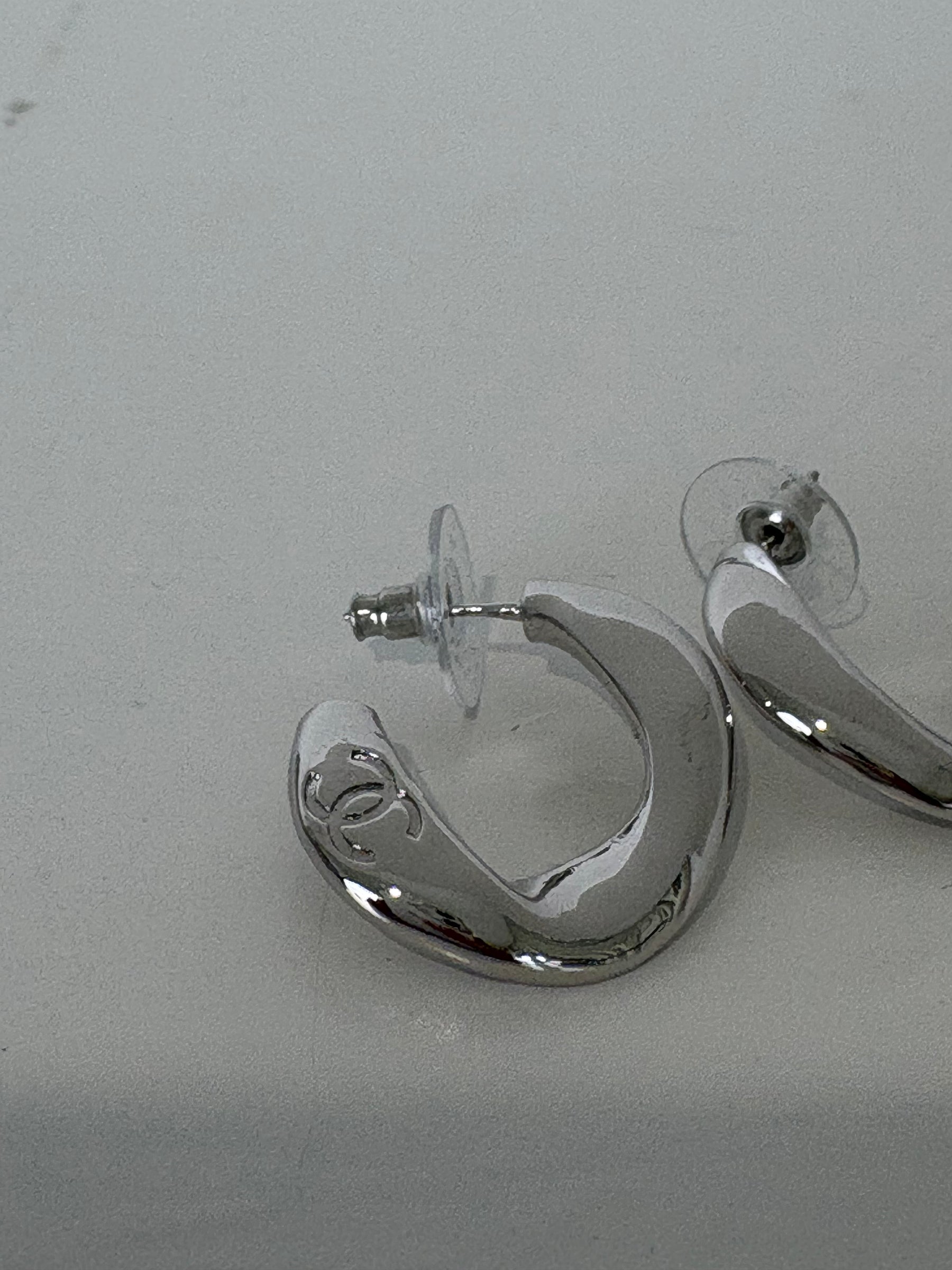 Chanel Silver Link Logo Hoop Earrings