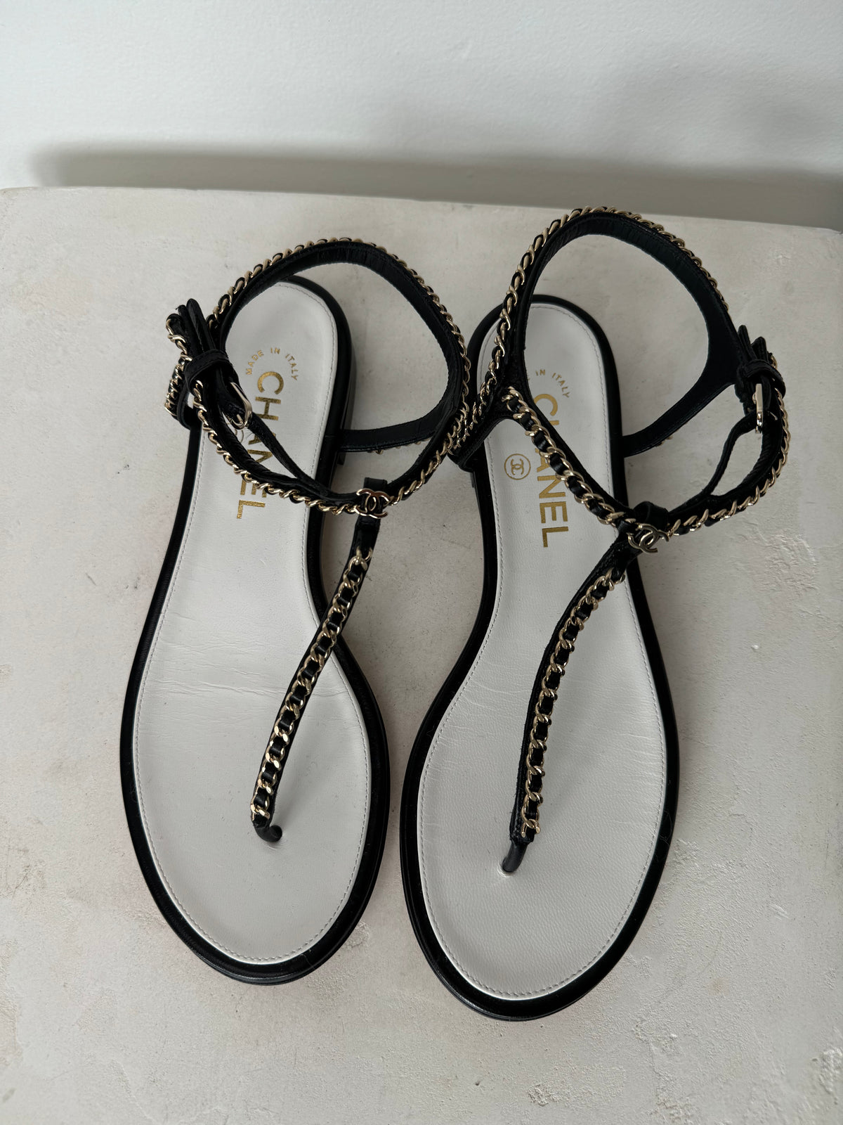 Chanel Chain Sandals Black And White, 38 C