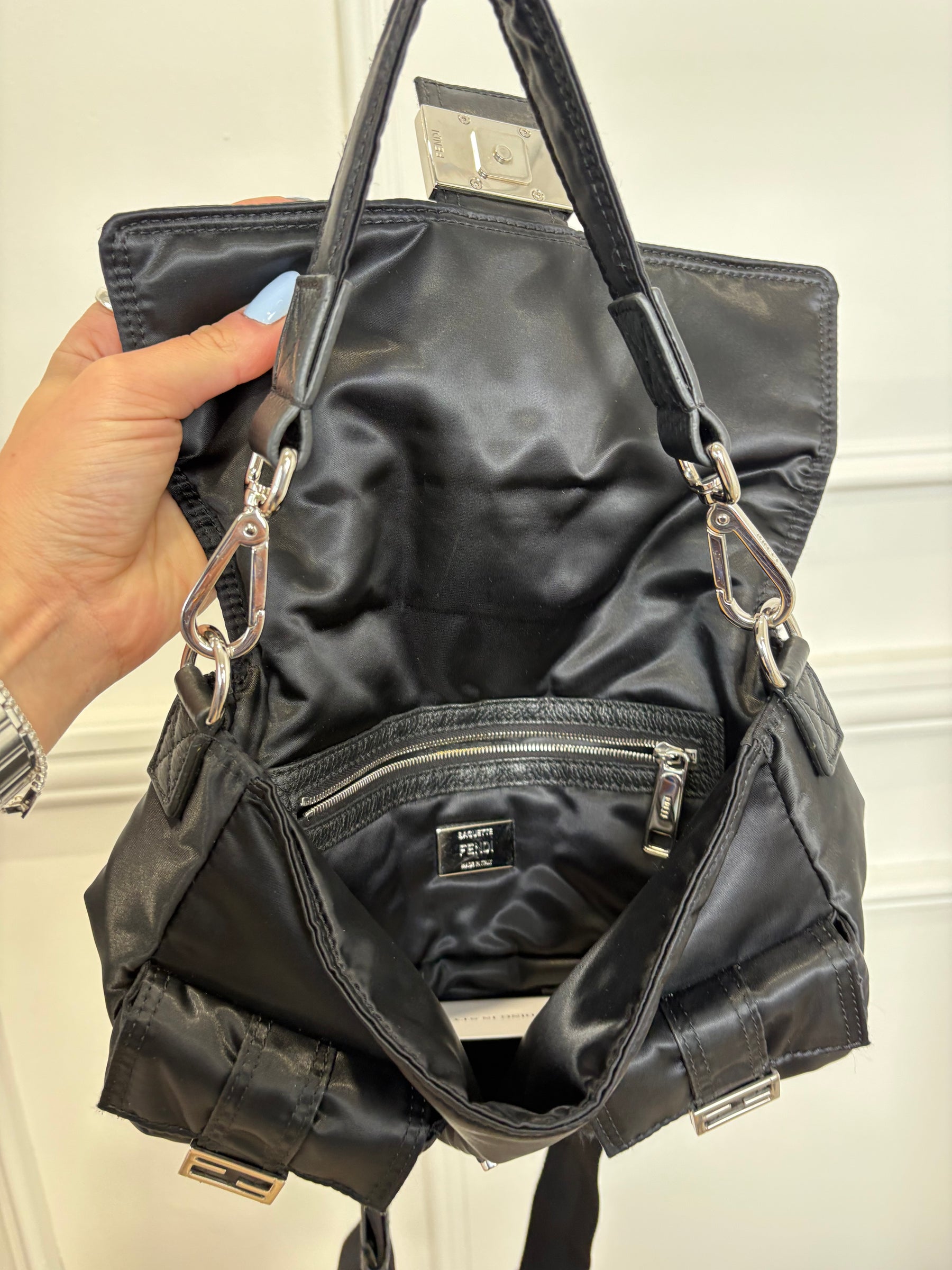 Fendi Black Nylon Multi Pocket Convertible Baguette Bag