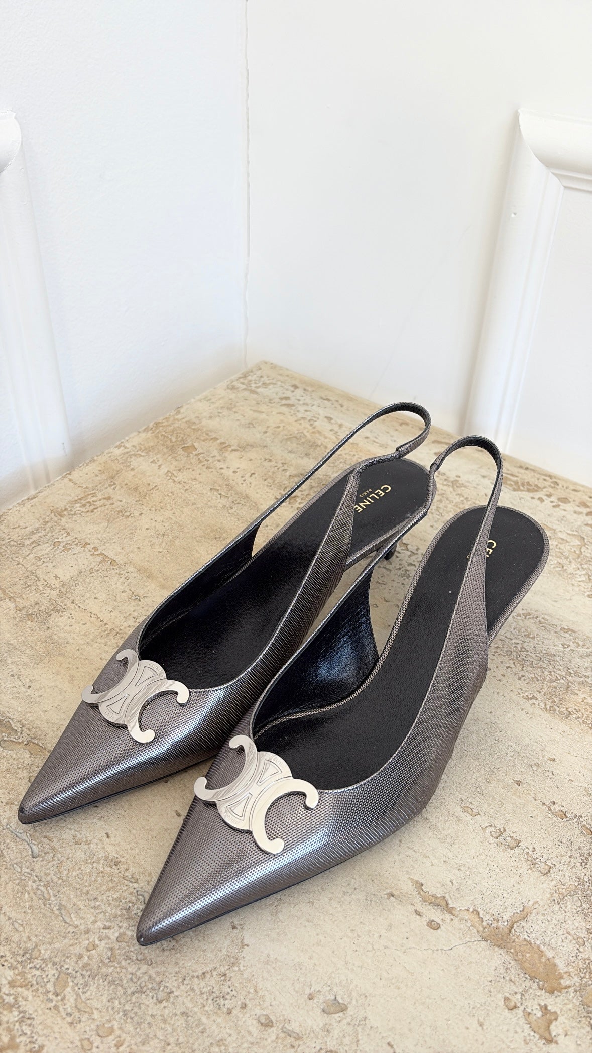Celine Gunmetal Perforated Leather Triomphe Slingback Heel, 40.5