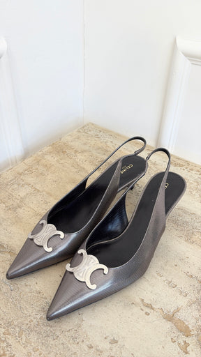 Celine Gunmetal Perforated Leather Triomphe Slingback Heel, 40.5